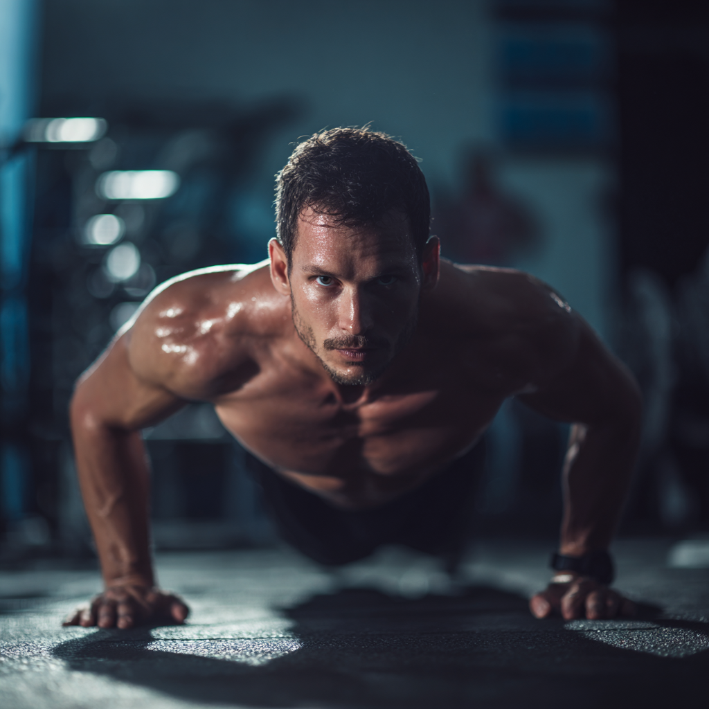 Чоловік на тренуванні з гантелями